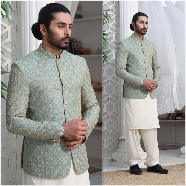 Mens Designer Prince Coat on Maesuri Fabric with Chikan Embroidery, Men Prince Coat, Men Wedding Collection, Hand Made Prince Coat