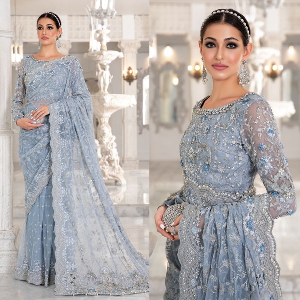 Pakistanische Hochzeit Sari | Hochzeit Sari | Saree mit genähter Bluse in usa | Sari für Frauen | Saree Bluse readymade | Reine Weiche Netzs saree