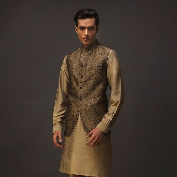 Golden jamawar Mens waistcoat | Mens Pakistani Waistcoat | Mens waistcoat | Handmade Formal Jamawar man's Waistcoat