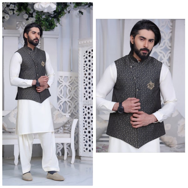 Handmade Men's waistcoat | Men's wear | Eid | Weddings | Slim Regular Fit | Sleeveless jacket | Blackish | Pakistani Indian Style Waistcoat