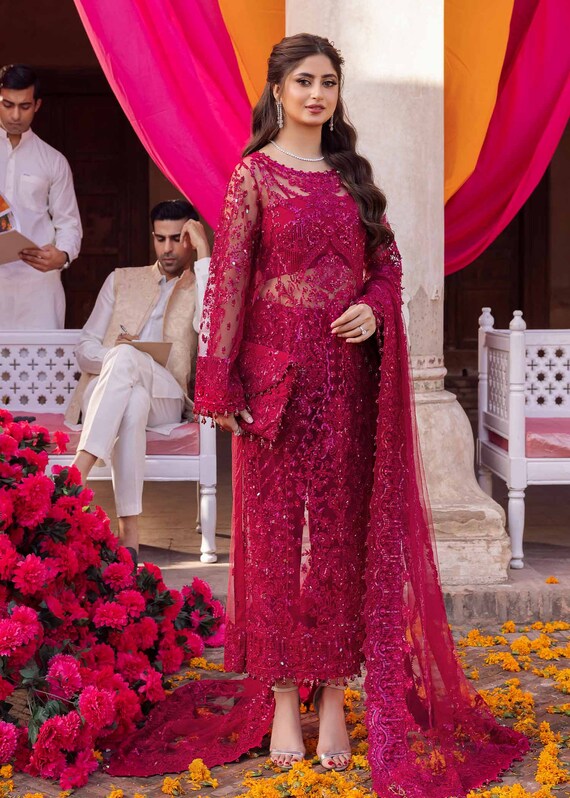 Latest Pakistani Bridal Dress in Front Open Wedding Lehenga Gown and Red  Dupatta Style – Nameera by Farooq