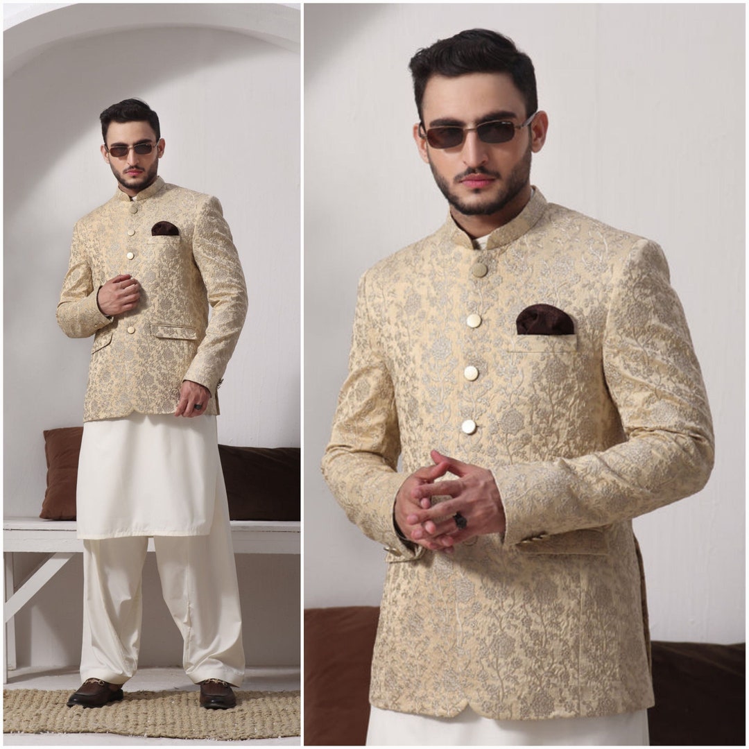 Mens Designer Prince Coat on Satan Fabric With Chikan Embroidery, Men