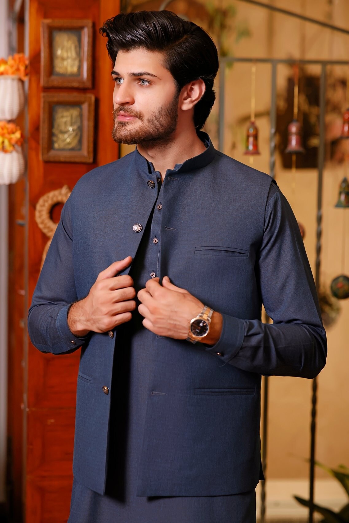 RoyalClubClothing Mens Shalwar Kameez with Waistcoat | Shalwar Kameez with Matching Waistcoat | Shalwar Kameez Pakistani | Blue Waistcoat with Kurta Shalwar