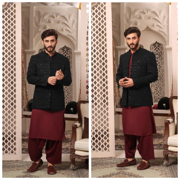 Mens Designer Prince Coat On Raw Silk Fabric with Chikan Embroidery, Men Wedding Collection, Men Shalwar kameez Wear, Men Formal Event Wear