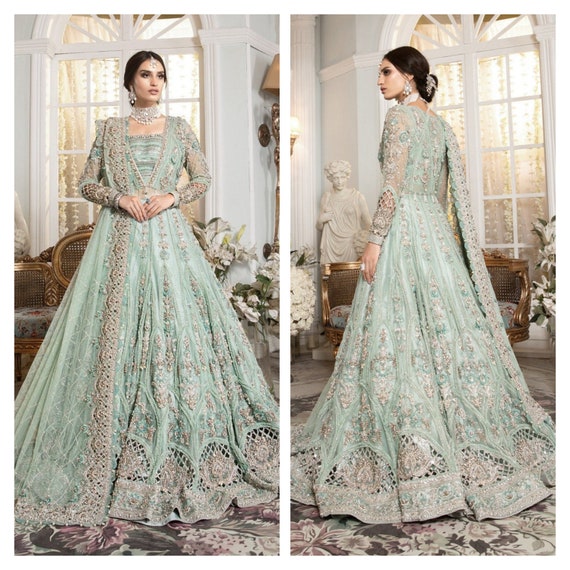 Shop Blue Net Long Choli A Line Lehenga Wedding Wear Online at Best Price |  Cbazaar