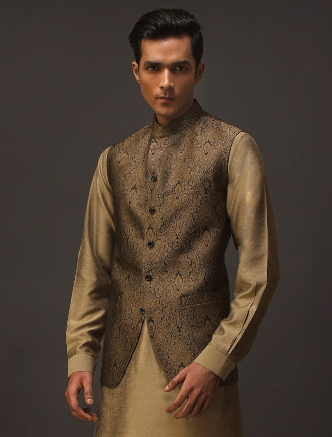 Golden Jamawar Mens Waistcoat Mens Pakistani Waistcoat Etsy UK