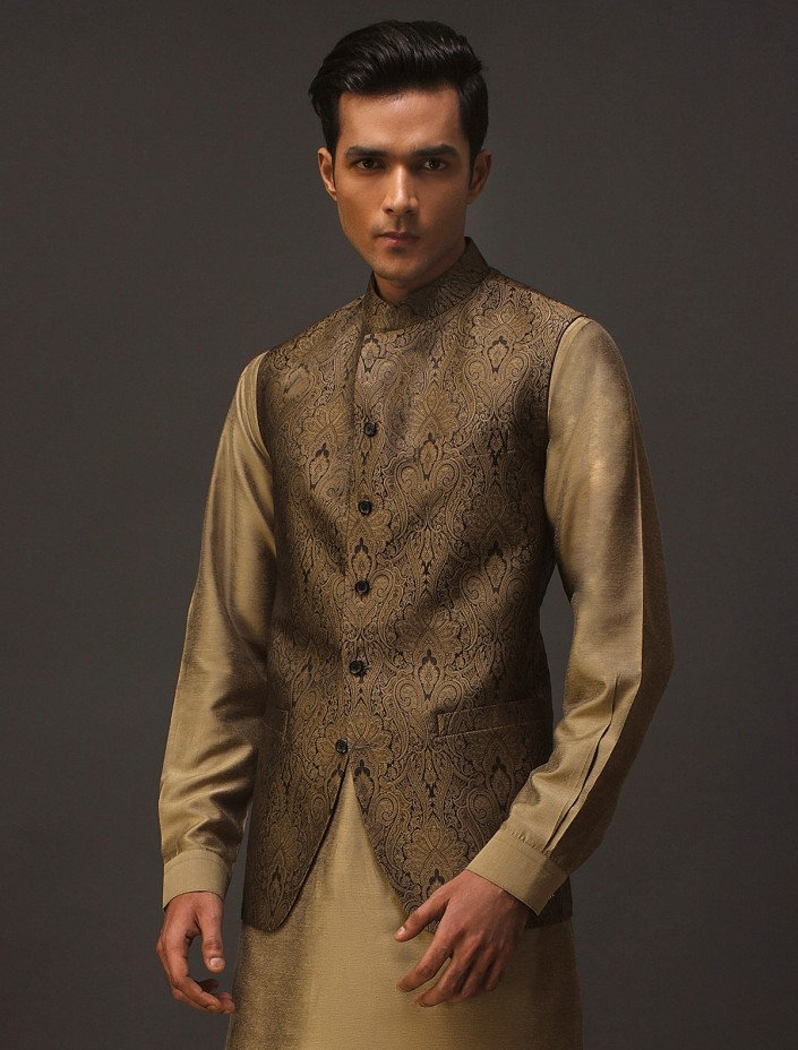 Golden Jamawar Mens Waistcoat Mens Pakistani Waistcoat Mens Waistcoat