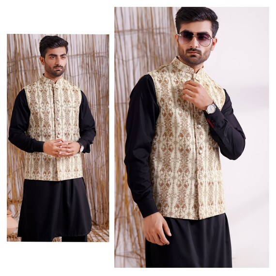 3 Piece Mens Jamawar Waistcoat Plain Black Kurta Shalwar - Etsy Denmark