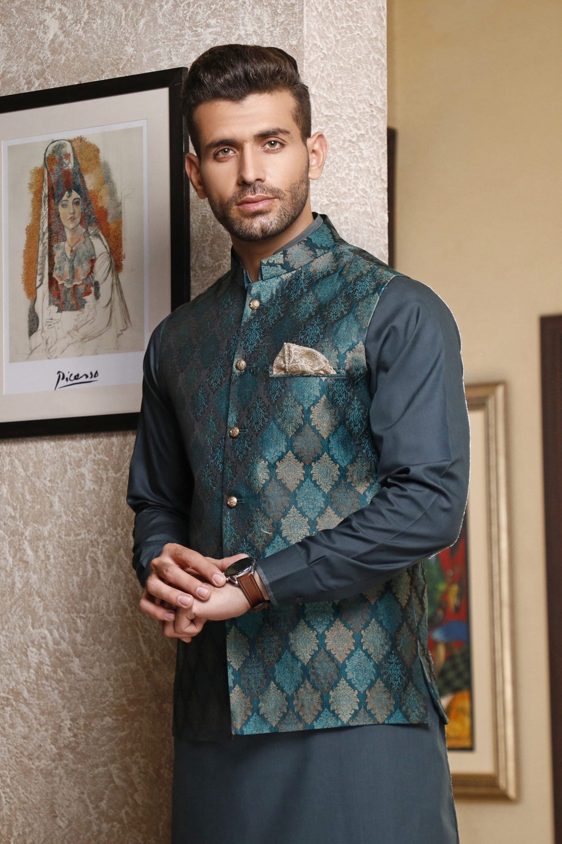 Mens Shalwar Kameez with Formal Jamawar Banarsi Waistcoat Etsy