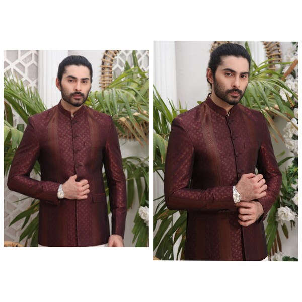 Mens Designer Prince Coat on Atlas Jamawar Fabric, Men Prince Coat, Men Wedding Collection, Hand Made Prince Coat, Men Shalwar kameez Wear,