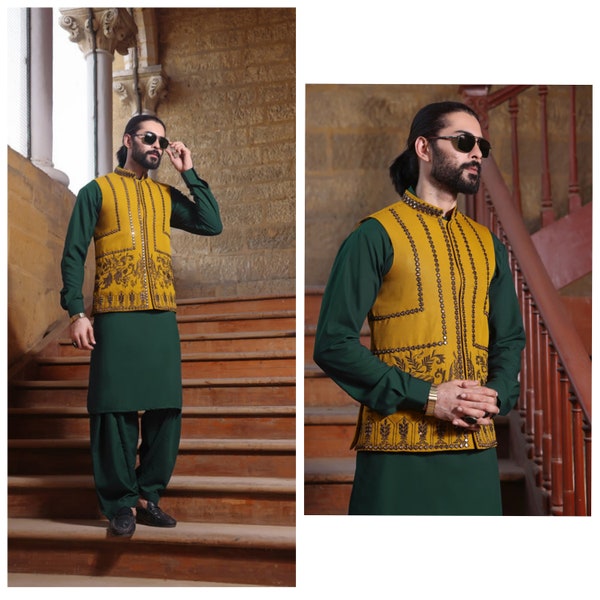 Mens Shalwar Kameez | mens Formal kurta pyjama | Mens Formal Raw Silk Hand Embroidered Waistcoat with Contrast Blended Kameez Shalwar