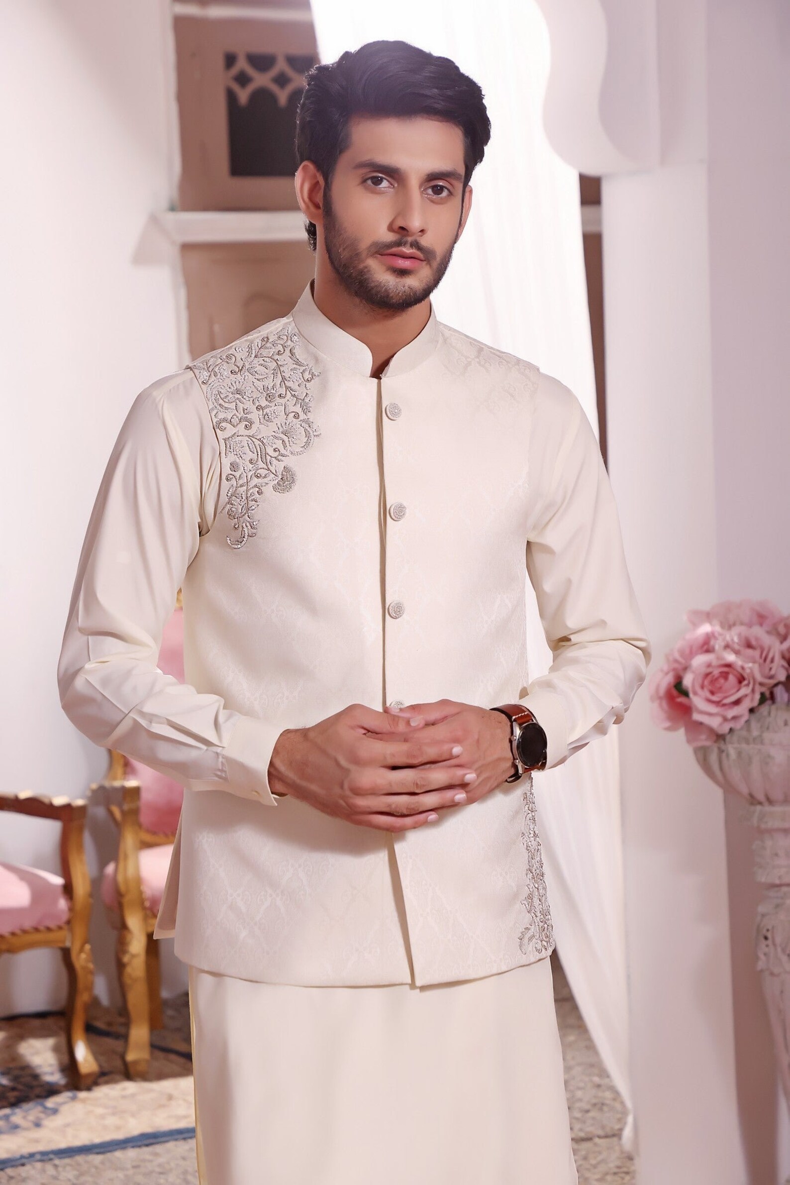 Mens Formal Jamawar Waistcoat With Matching Blended Kameez Etsy