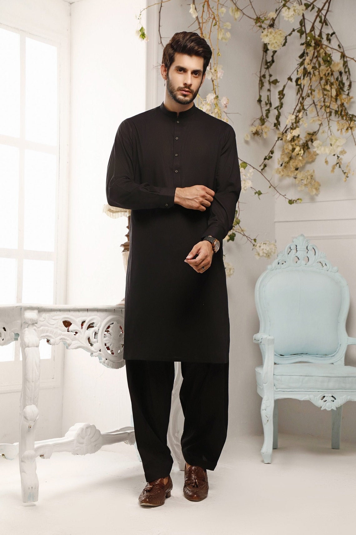 ajrak on black shalwar kameez