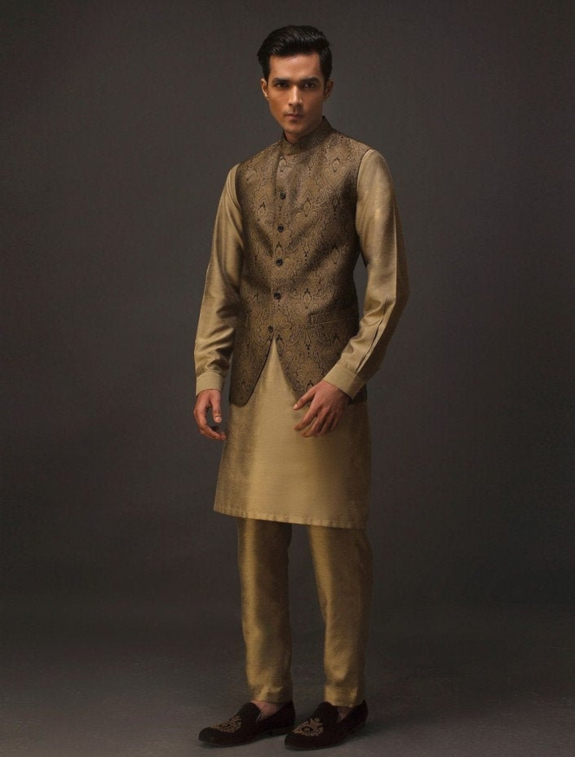 Golden Jamawar Mens Waistcoat Mens Pakistani Waistcoat Etsy UK