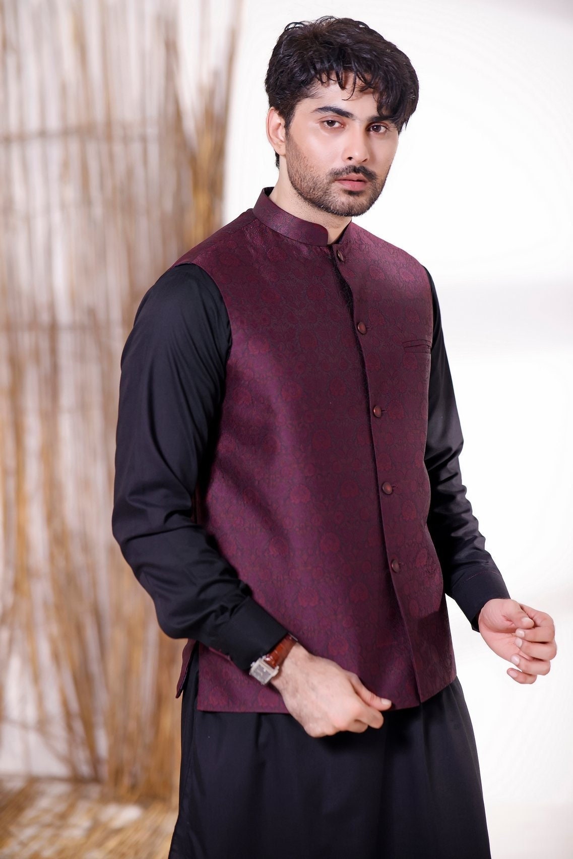 maroon jamawar waistcoat