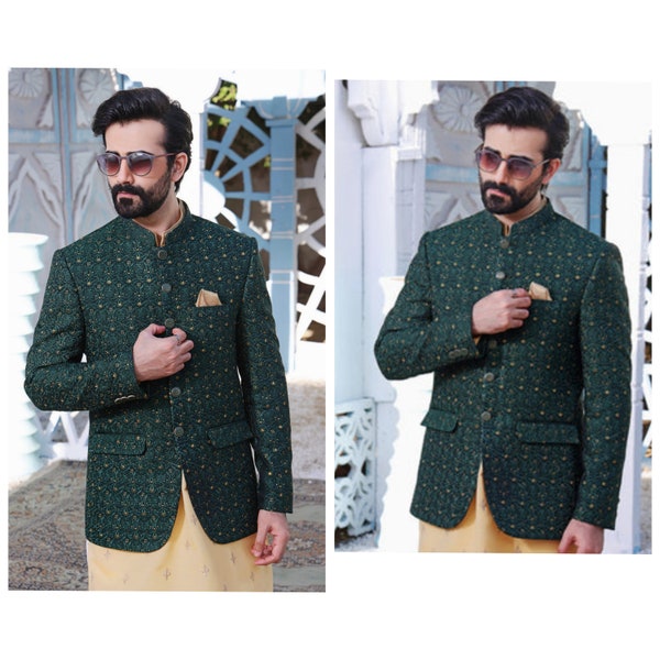 Mens Designer Prince Coat On Jamawar Fabric with Computer Embroidery, Men Prince Coat, Men Wedding Collection, Hand Made Prince Coat