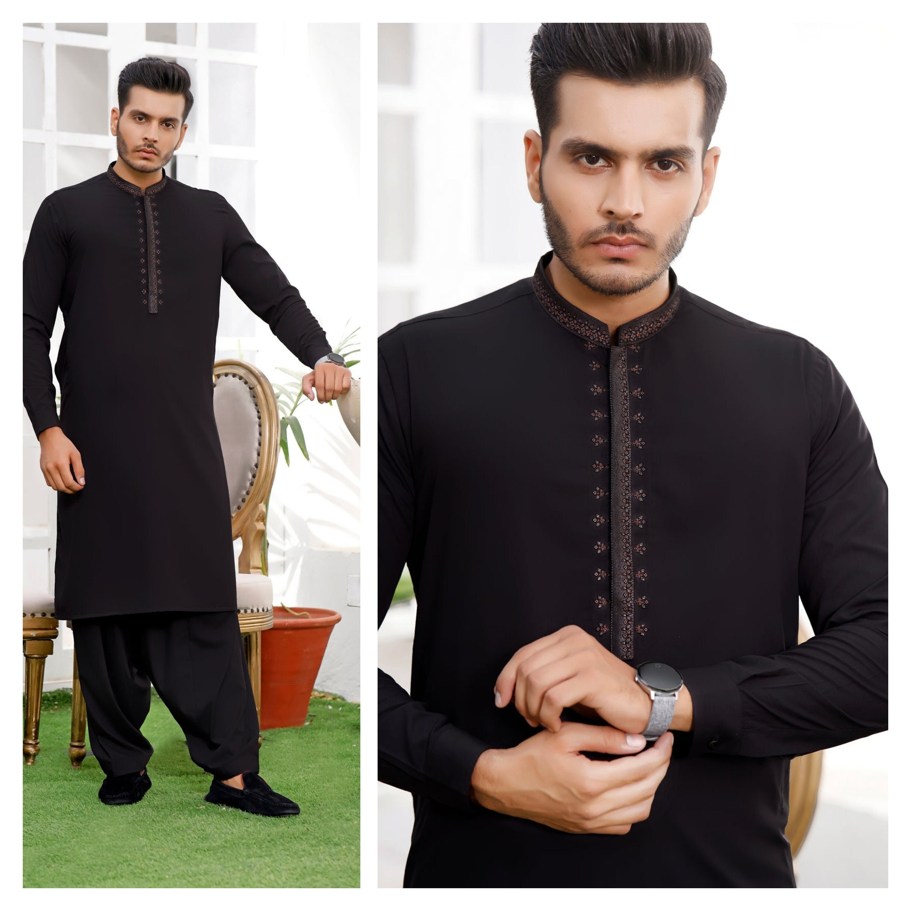 Ramadan Bengali Indian Desi Style Black Slim Fit Kurta for Mens Pakistani Wedding Boys for Eid