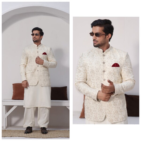 Mens Designer Prince Coat on Satan Fabric with Chikan Embroidery, Men Prince Coat, Hand Made Prince Coat, MCoaten Shalwar kameez Wear, Mens