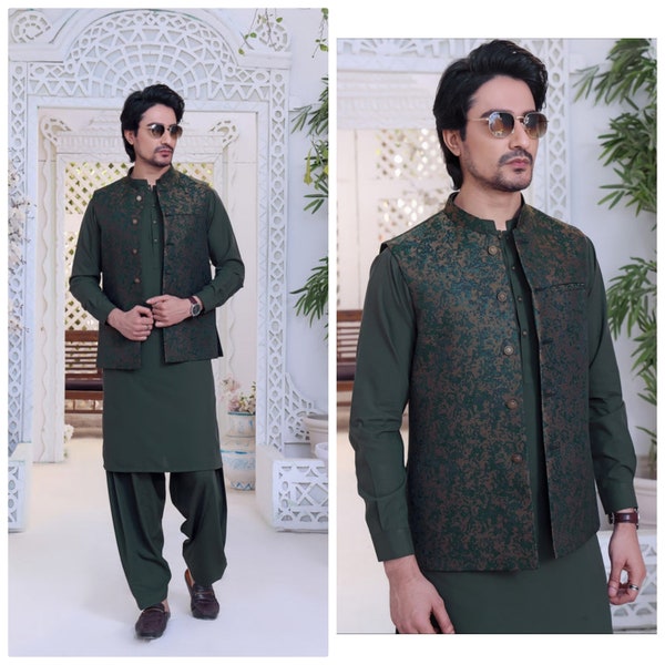 Hand Made Pakistani Indian Mens Waistcoat | mens eid dress | Men Wedding Waistcoat | Slim Regular Fit | Sleeveless jacket | Green Waistcoat