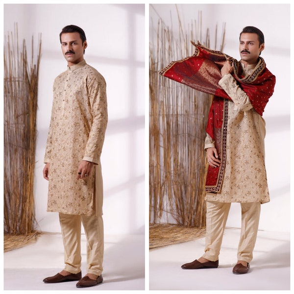 Mens Formal Kurta Pyjama with Jamawar Embroidery , mens mehndi kurta pyjama , mens wedding ethnic wear , mens pakistani wedding kurta pyjama