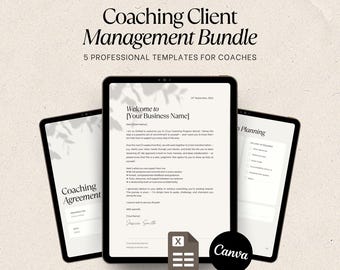 Modèles Canva d'offre groupée de coaching pour la gestion des clients | Contrat de coaching, facture, notes de séance, kit de bienvenue et suivi des clients