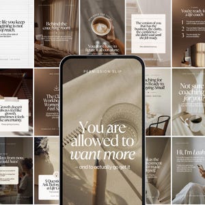 Może przedstawiać: Ekran smartfona wyświetlający post z tekstem Permission Slip oraz You are allowed to want more – and to actually go get it. Obraz przedstawia szklankę, notatnik spiralny i długopis na powierzchni o neutralnym odcieniu.