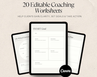 Pacote com 20 Planilhas de Coaching Editáveis - Modelo Canva - Caderno de Exercícios para Coach de Vida - Formulários de Coaching - Definição de Metas - Exercícios para Clientes - Coaching Empresarial