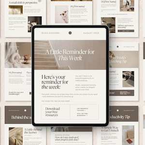 May include: A digital tablet displaying a newsletter template with a beige and brown color scheme. The screen shows the text A Little Reminder for This Week, Here's your reminder for the week, and Download your free resources with various sections.