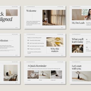 Op de afbeelding: Een verzameling van negen digitale presentatiedia's met een witte achtergrond en zwarte schreefletters. De dia's bevatten titels zoals From stuck to aligned, Welcome, Hi, I'm Leah, Journey, Mission, Why this matters en Let's start with you.