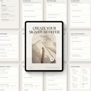 May include: A digital tablet displaying a workbook cover titled CREATE YOUR SIGNATURE OFFER, featuring a pen, notebook, and glass on a desk. The screen is surrounded by multiple pages of the workbook, including sections for pricing, checklists, and client profiles.