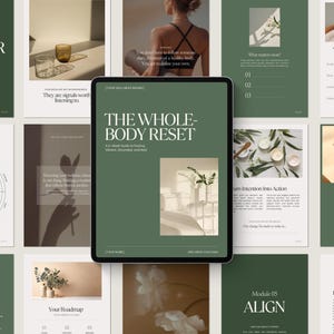 May include: A digital tablet displaying a wellness guide titled The Whole-Body Reset, surrounded by a collage of various page layouts featuring sage green backgrounds, minimalist typography, and soft-focus imagery of nature and wellness activities.