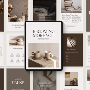 Könnte beinhalten: Ein digitales Tablet mit einem Life-Coaching-Arbeitsbuch mit dem Titel Becoming More You, das ein Titelbild mit zwei beigen Tassen auf Untersetzern zeigt. Das Layout zeigt mehrere Seiten mit Text, Diagrammen und neutralen Fotografien.