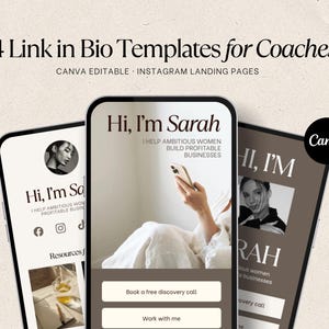 May include: Four digital link in bio templates for coaches, featuring Canva editable Instagram landing pages. The designs display text such as Hi, I'm Sarah, I help ambitious women build profitable businesses, and buttons for booking calls.
