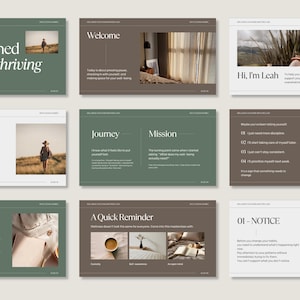 May include: A digital presentation template featuring nine slides with a muted color palette of sage green and taupe. The slides contain serif typography, headers like Welcome, Journey, and Mission, and photographic imagery of landscapes, interiors, and a person.