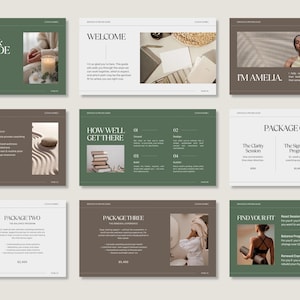 Può includere: Un modello digitale di guida ai servizi e ai prezzi con nove diapositive in una palette di colori neutri verde salvia, bianco e marrone. Il layout include caratteri serif, intestazioni minimaliste e inserti fotografici a tema benessere.