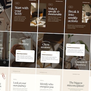 Op de afbeelding: Een verzameling digitale social media templates met een donkerbruin en crèmekleurig palet. De afbeeldingen bevatten instructieve tekst over coaching, waaronder titels zoals How to Set Goals You'll Actually Achieve en My Morning.