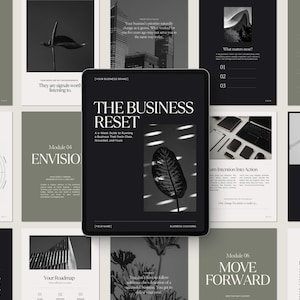 Puede incluir: Una tableta digital muestra una portada titulada The Business Reset, con un gráfico de hoja y texto. La pantalla está rodeada por una cuadrícula de varias páginas de documentos en tonos verde salvia, negro y blanco, con texto y diagramas.