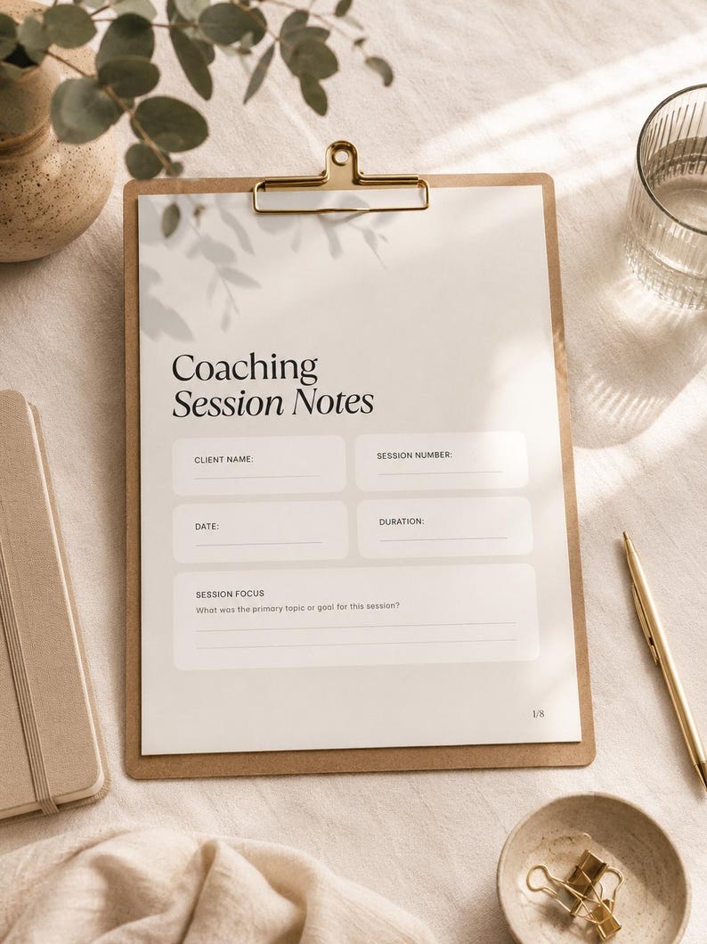 Peut inclure: Un presse-papier marron contenant une feuille de papier blanche intitul&eacute;e Coaching Session Notes. Le formulaire comprend des champs pour le nom du client, le num&eacute;ro de s&eacute;ance, la date, la dur&eacute;e et l'objectif. Le papier pr&eacute;sente un motif d'ombre de feuille.