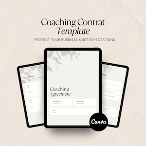 Può includere: Un modello di contratto di coaching digitale visualizzato su tre schermi di tablet. Il testo recita Coaching Contrat Template, Protect Your Business & Set Expectations, Coaching Agreement, Prepared For, Prepared By, Date e Canva.