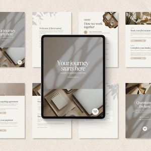 May include: A digital tablet displaying a welcome guide titled Your journey starts here, surrounded by multiple printed pages of the same document featuring neutral beige tones, serif typography, and soft leaf shadow overlays.