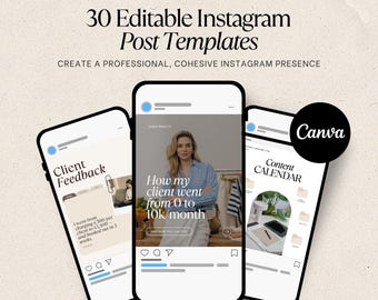 30 modelos editáveis de posts para Instagram para coaches: Kit de mídias sociais do Canva para negócios de coaching e pacote de conteúdo para Instagram.