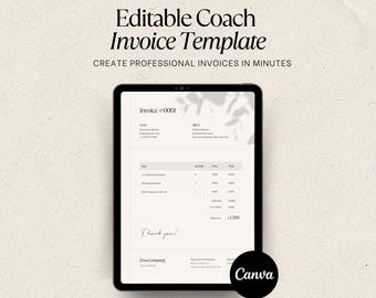 Modelo de fatura editável para coaches, consultores e freelancers no Canva. Fatura comercial minimalista e de luxo.