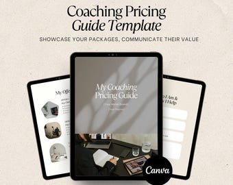 Modelo de guia de preços de coaching para Canva, estilo minimalista bege, download instantâneo.