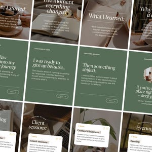 Può includere: Una griglia di dodici grafiche per social media con una palette di colori verde salvia e bianco. I design includono sovrapposizioni di testo con titoli come Where I started, What I learned, My Morning e Coaching by Leah, oltre a immagini.