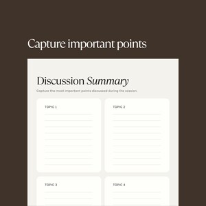 Peut inclure: Une fiche de r&eacute;sum&eacute; de discussion de couleur cr&egrave;me avec le texte Capture important points en haut. Le document pr&eacute;sente un en-t&ecirc;te intitul&eacute; Discussion Summary suivi de quatre sections distinctes nomm&eacute;es Topic 1, Topic 2, Topic 3 et Topic 4.
