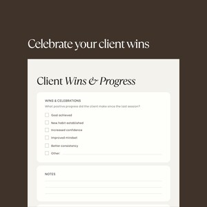 Peut inclure: Un mod&egrave;le num&eacute;rique sur fond brun fonc&eacute; intitul&eacute; Celebrate your client wins. Le formulaire pr&eacute;sente le titre Client Wins & Progress, une liste de contr&ocirc;le pour les progr&egrave;s positifs et une section de notes avec des lignes horizontales.