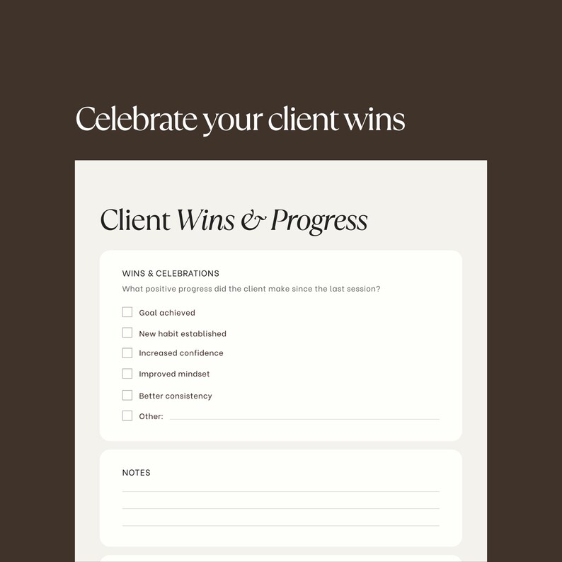 Peut inclure: Un mod&egrave;le num&eacute;rique sur fond brun fonc&eacute; intitul&eacute; Celebrate your client wins. Le formulaire pr&eacute;sente le titre Client Wins & Progress, une liste de contr&ocirc;le pour les progr&egrave;s positifs et une section de notes avec des lignes horizontales.