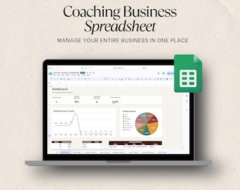 Modèle de feuille de calcul de coaching Suivi des clients Planificateur de sessions CRM Tableau de bord des revenus Suivi des objectifs Feuilles de calcul Google et Excel