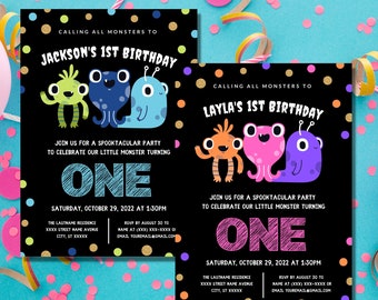 May include: Two black and gold monster-themed first birthday party invitations. The invitations feature colorful cartoon monsters and the text "Calling all monsters to [child's name]'s 1st birthday" and "Join us for a spooktacular party to celebrate our little monster turning one".