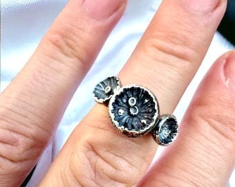 Sterling Silver Mushroom Ring: Rustic Fungi Nature Ring (US Size 7)
